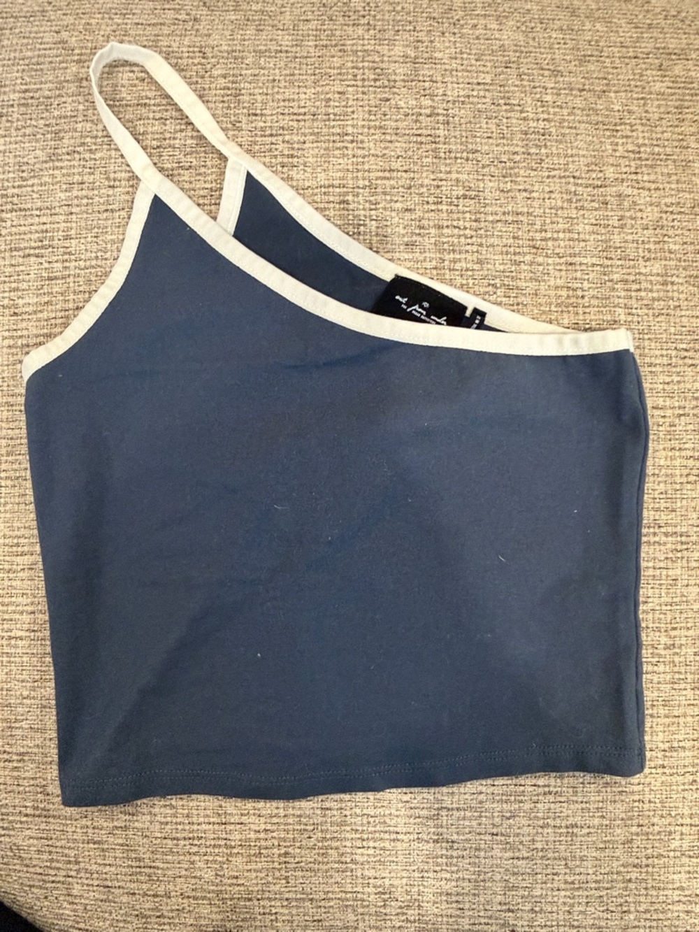 Urban Outfitters Navy One-Shoulder Crop Top with White Trim